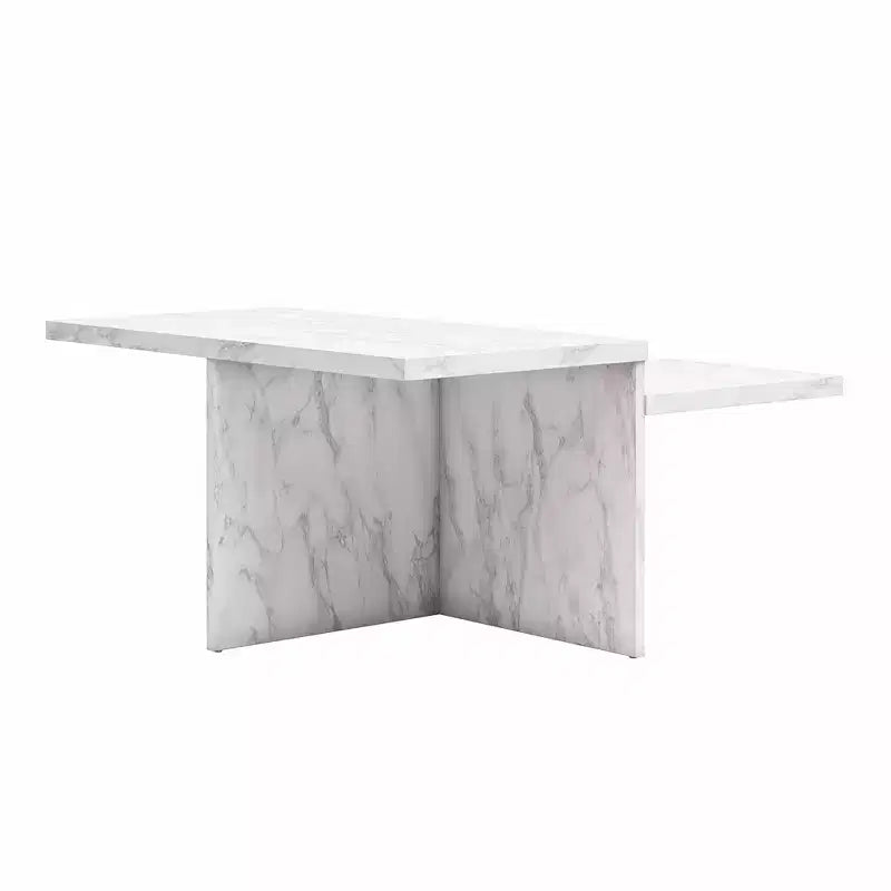 Table basse Brielle à deux niveaux en faux marbre blanc, table pratique de luxe en bois composite pour salon moderne