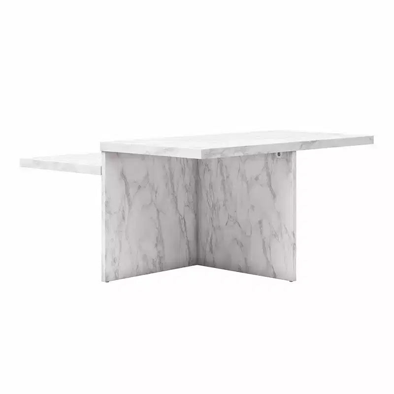 Table basse Brielle à deux niveaux en faux marbre blanc, table pratique de luxe en bois composite pour salon moderne