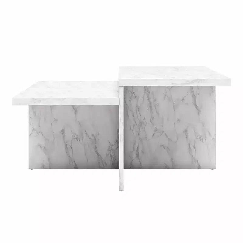 Table basse Brielle à deux niveaux en faux marbre blanc, table pratique de luxe en bois composite pour salon moderne