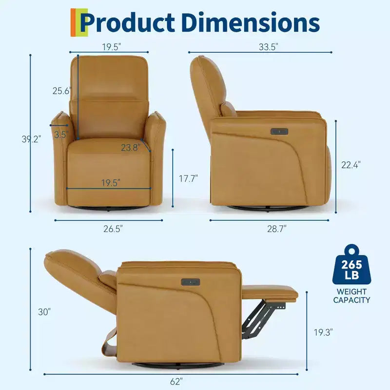 Fauteuil inclinable pivotant à 360° avec port de chargement USB, fauteuil inclinable en similicuir avec siège profond et support lombaire réglable pour le salon