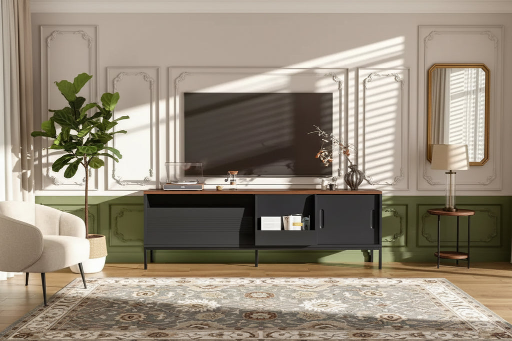 JVNOXK 70.8''TV Stand, suitable for TVs up to 75 inches, featuring sliding doors and adjustable shelves. Mid-century modern media TV stand