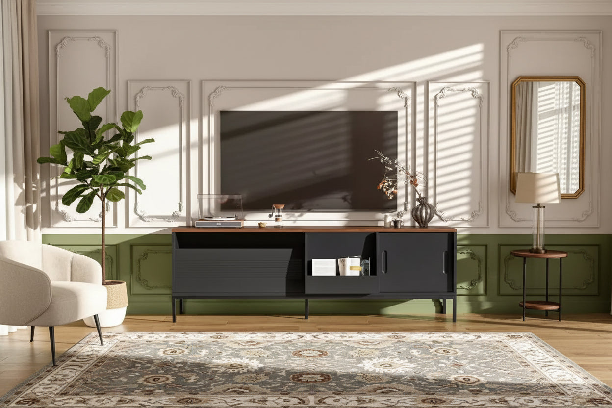 JVNOXK 70.8''TV Stand, suitable for TVs up to 75 inches, featuring sliding doors and adjustable shelves. Mid-century modern media TV stand