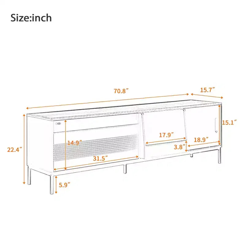 Meuble TV de 180 cm pour téléviseurs jusqu'à 75 pouces, avec portes coulissantes et étagères réglables, console multimédia de style moderne du milieu du siècle