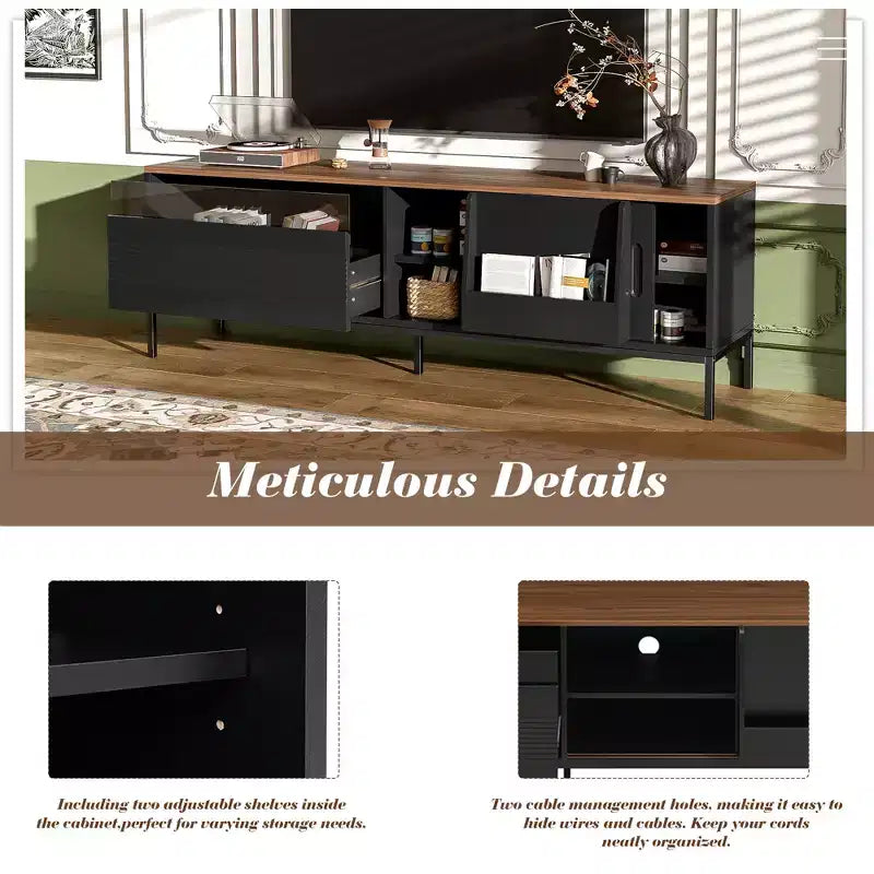 Meuble TV de 180 cm pour téléviseurs jusqu'à 75 pouces, avec portes coulissantes et étagères réglables, console multimédia de style moderne du milieu du siècle