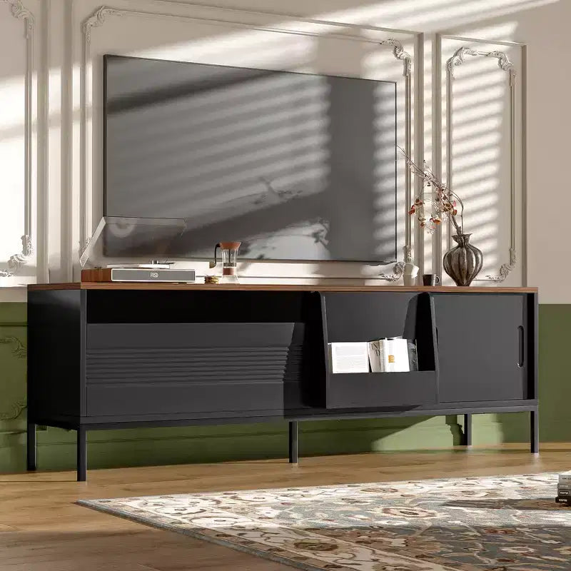 Meuble TV de 180 cm pour téléviseurs jusqu'à 75 pouces, avec portes coulissantes et étagères réglables, console multimédia de style moderne du milieu du siècle