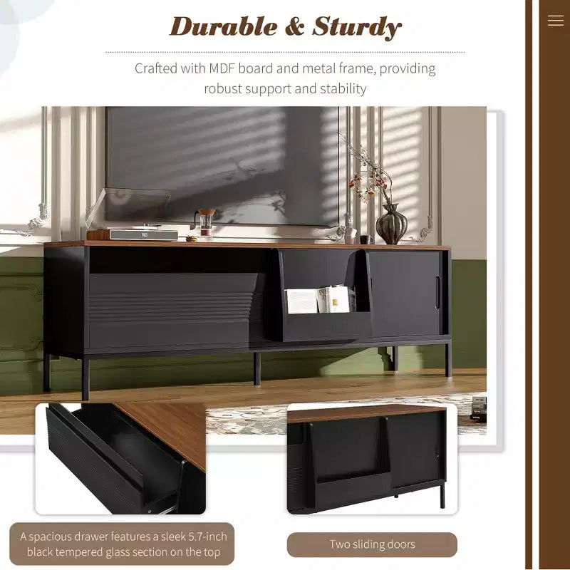 Meuble TV de 180 cm pour téléviseurs jusqu'à 75 pouces, avec portes coulissantes et étagères réglables, console multimédia de style moderne du milieu du siècle