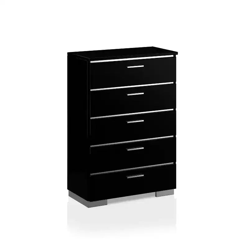 Commode 5 tiroirs avec finition brillante, cadre en bois et glissières métalliques