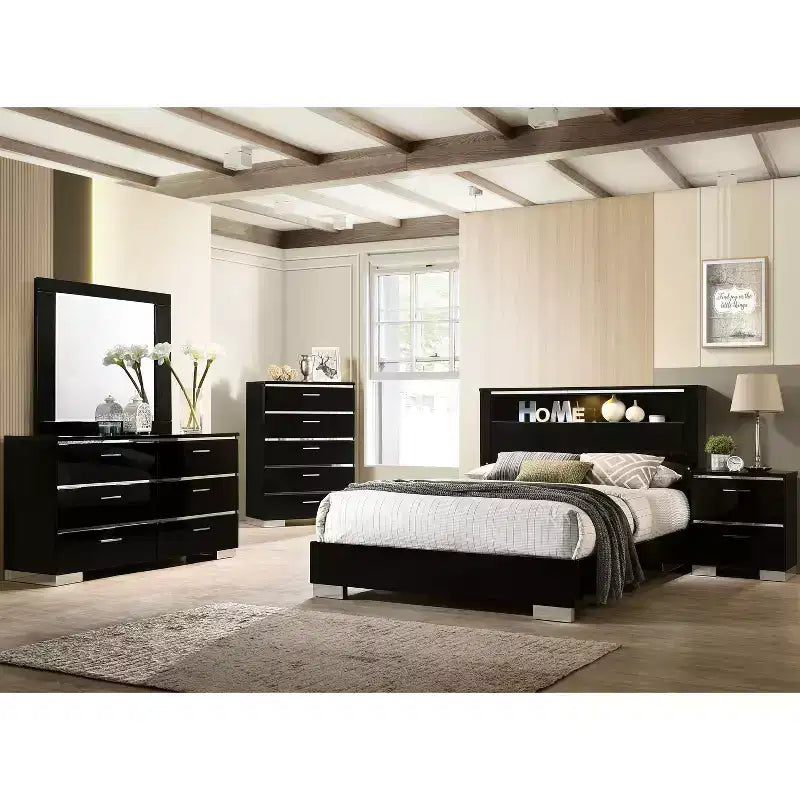 Commode 5 tiroirs avec finition brillante, cadre en bois et glissières métalliques