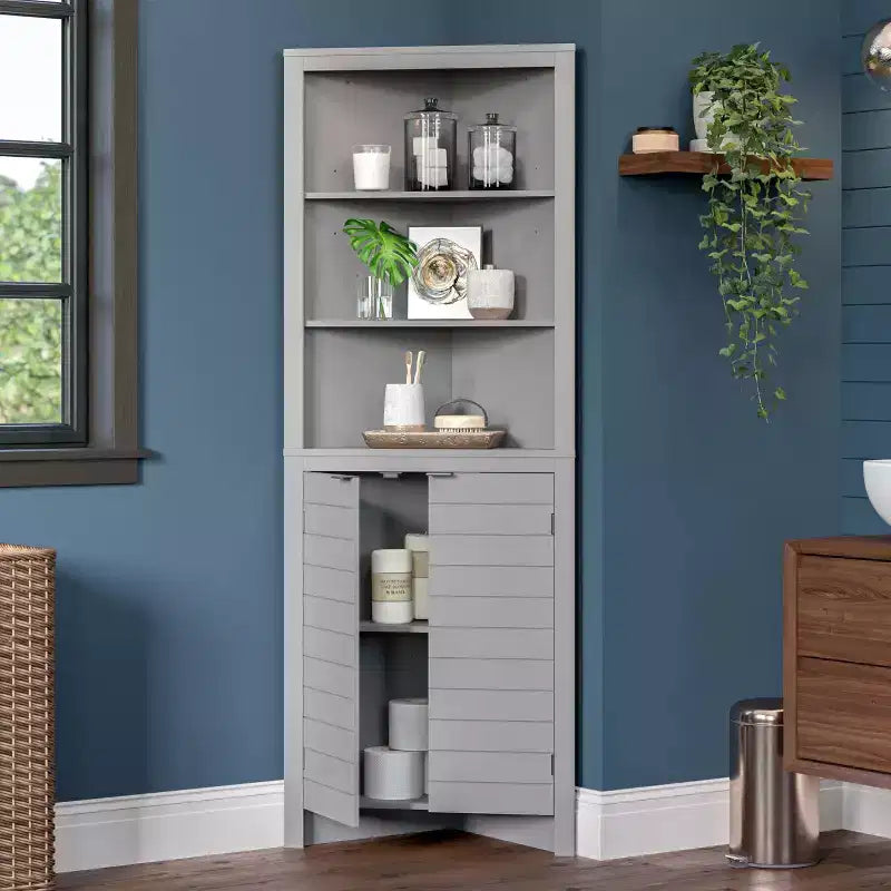 Armoire de rangement d'angle haute de salle de bain avec étagères ouvertes