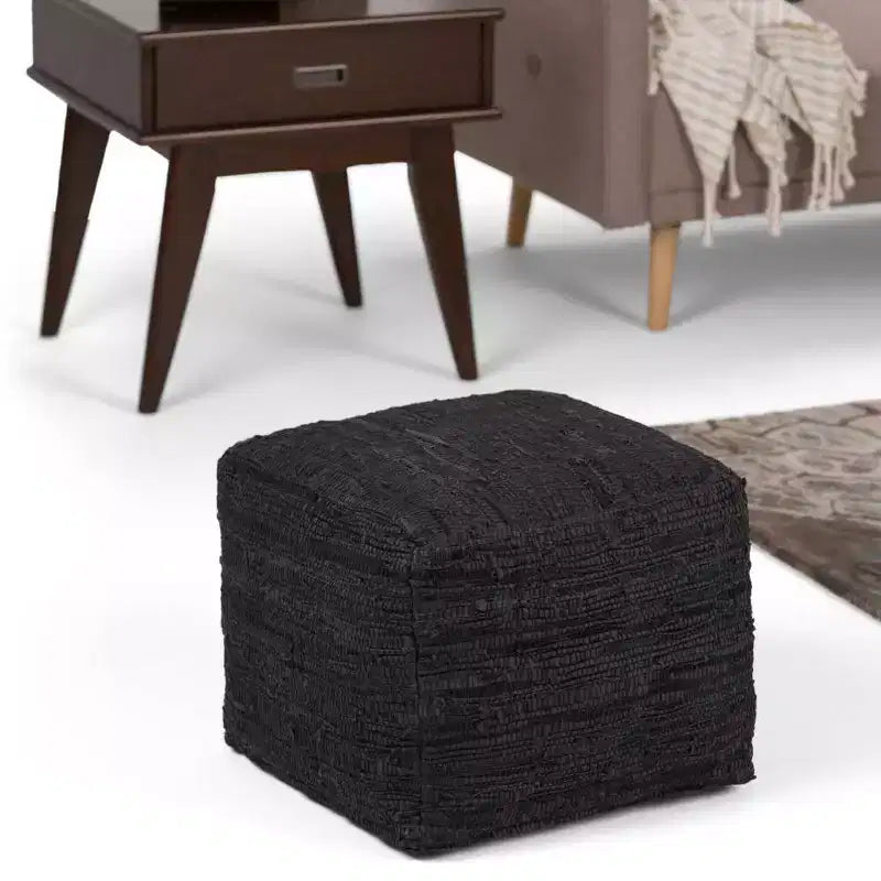 Pouf carré en cuir tressé, 45,7 x 45,7 cm