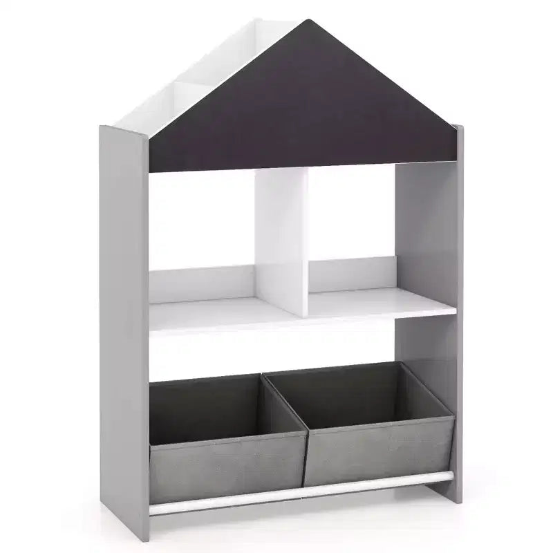 Étagère-bibliothèque maison de poupée pour enfants avec tableau noir/blanc inscriptible, 4 compartiments supérieurs, Gris/Rose