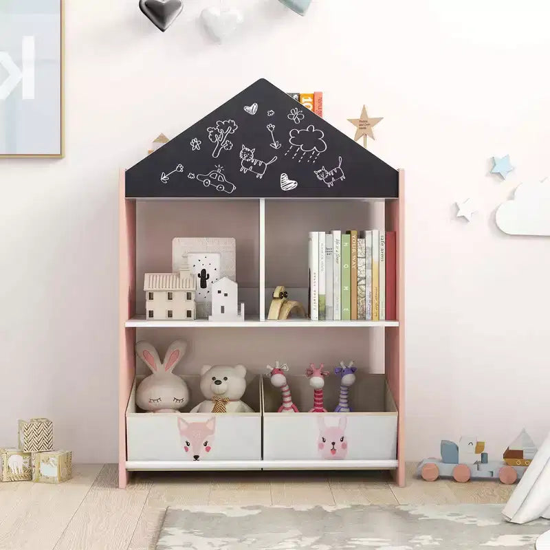 Étagère-bibliothèque maison de poupée pour enfants avec tableau noir/blanc inscriptible, 4 compartiments supérieurs, Gris/Rose