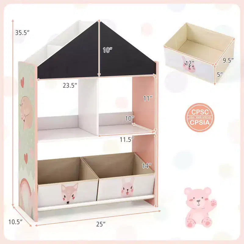Étagère-bibliothèque maison de poupée pour enfants avec tableau noir/blanc inscriptible, 4 compartiments supérieurs, Gris/Rose