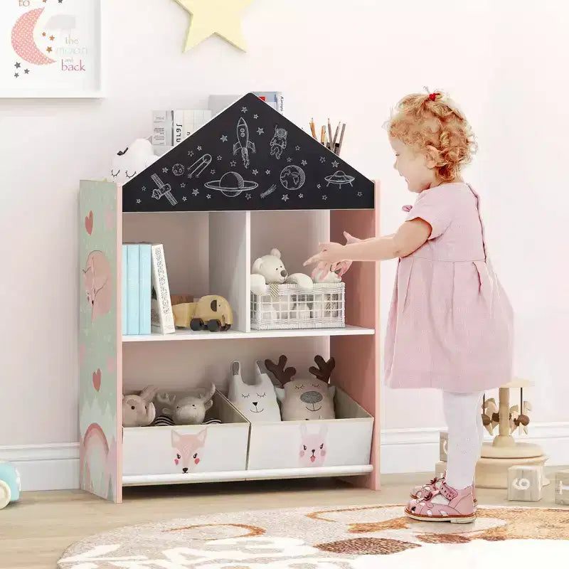 Étagère-bibliothèque maison de poupée pour enfants avec tableau noir/blanc inscriptible, 4 compartiments supérieurs, Gris/Rose