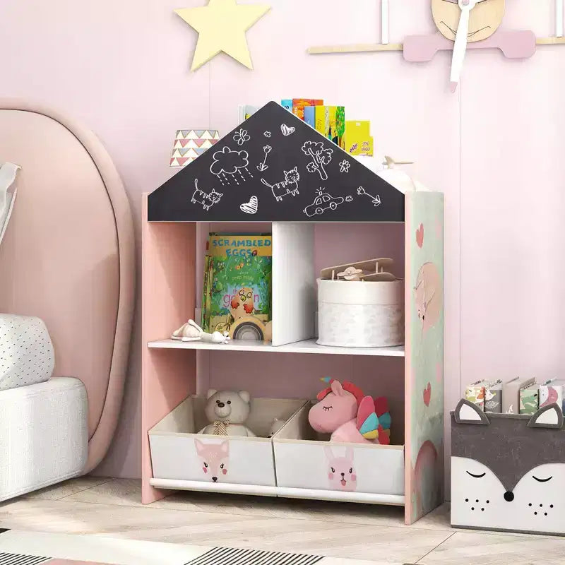 Étagère-bibliothèque maison de poupée pour enfants avec tableau noir/blanc inscriptible, 4 compartiments supérieurs, Gris/Rose
