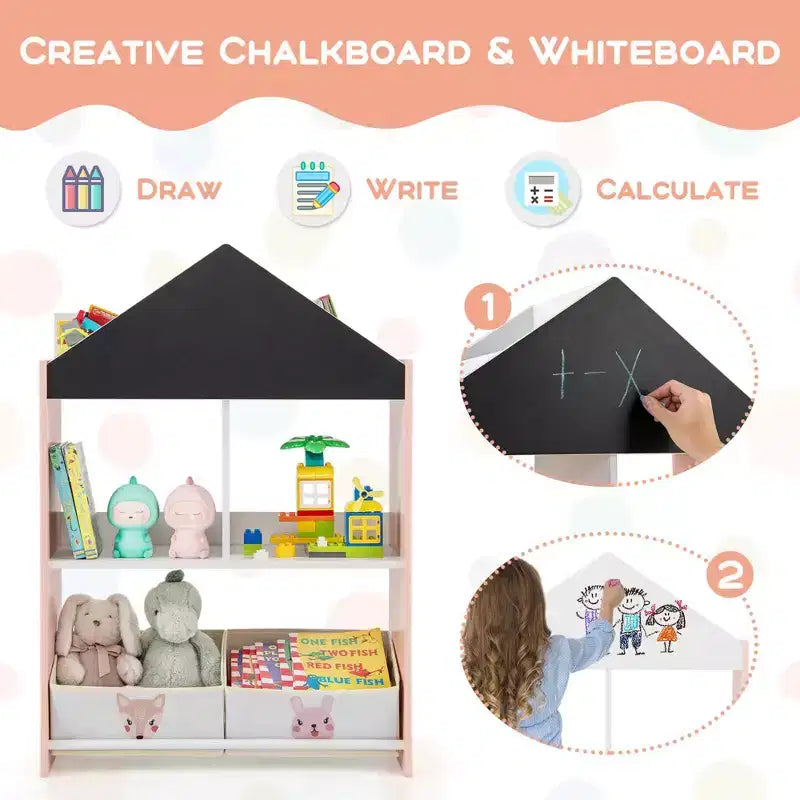 Étagère-bibliothèque maison de poupée pour enfants avec tableau noir/blanc inscriptible, 4 compartiments supérieurs, Gris/Rose