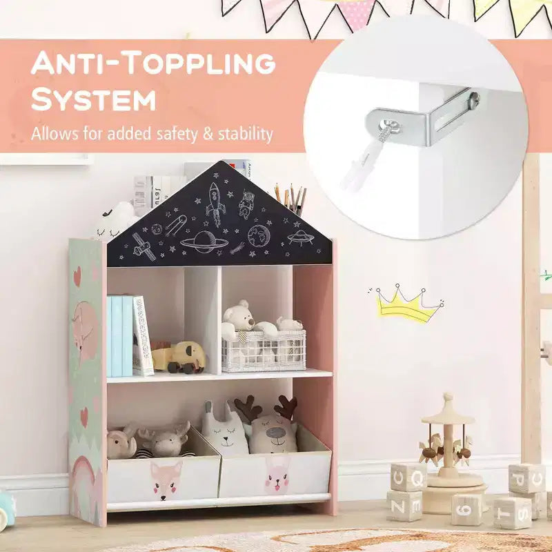 Étagère-bibliothèque maison de poupée pour enfants avec tableau noir/blanc inscriptible, 4 compartiments supérieurs, Gris/Rose