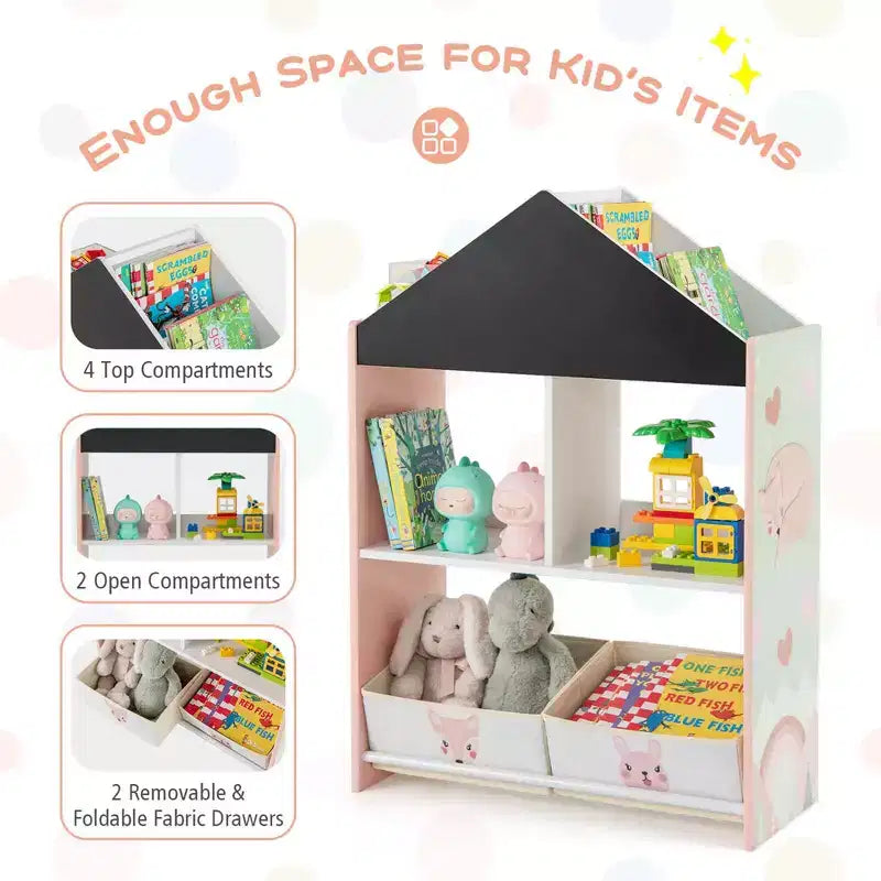 Étagère-bibliothèque maison de poupée pour enfants avec tableau noir/blanc inscriptible, 4 compartiments supérieurs, Gris/Rose