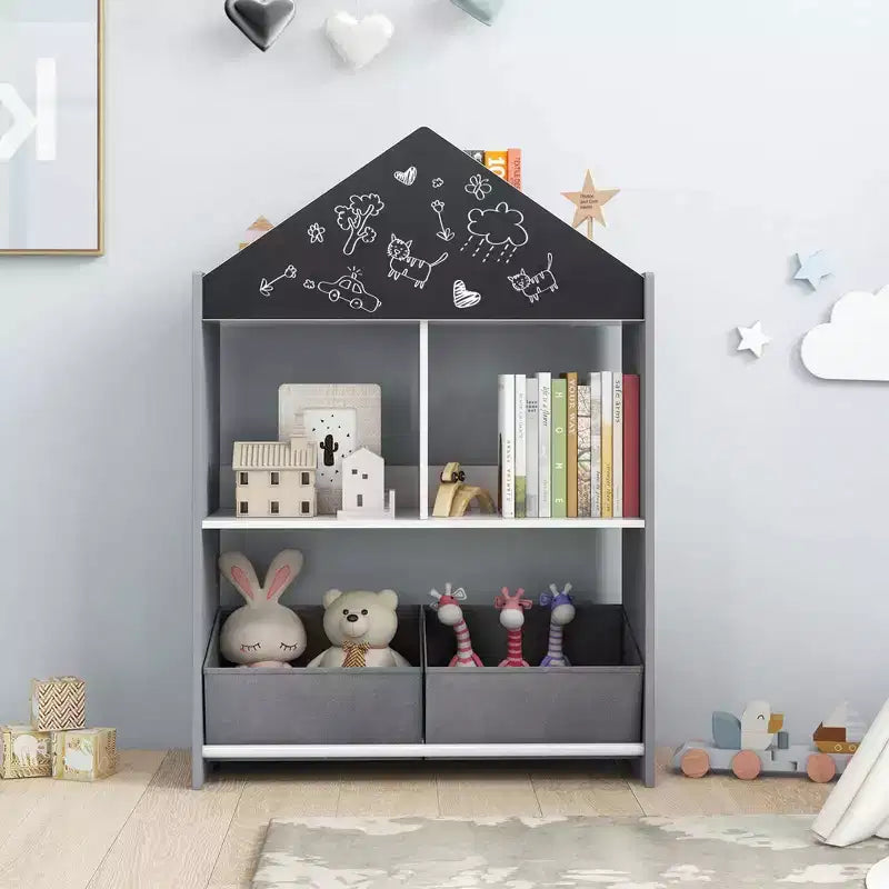 Étagère-bibliothèque maison de poupée pour enfants avec tableau noir/blanc inscriptible, 4 compartiments supérieurs, Gris/Rose
