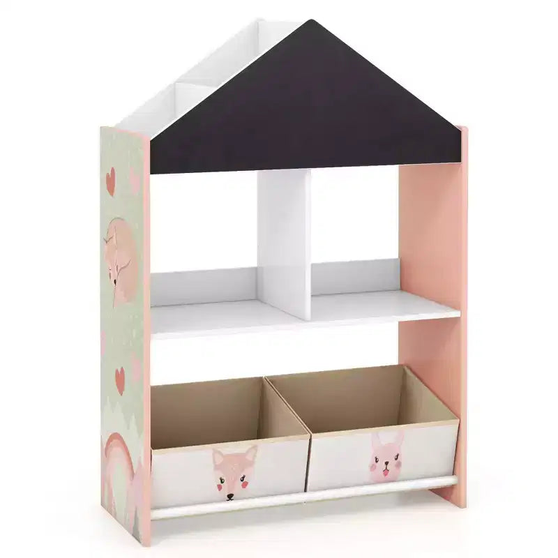 Étagère-bibliothèque maison de poupée pour enfants avec tableau noir/blanc inscriptible, 4 compartiments supérieurs, Gris/Rose