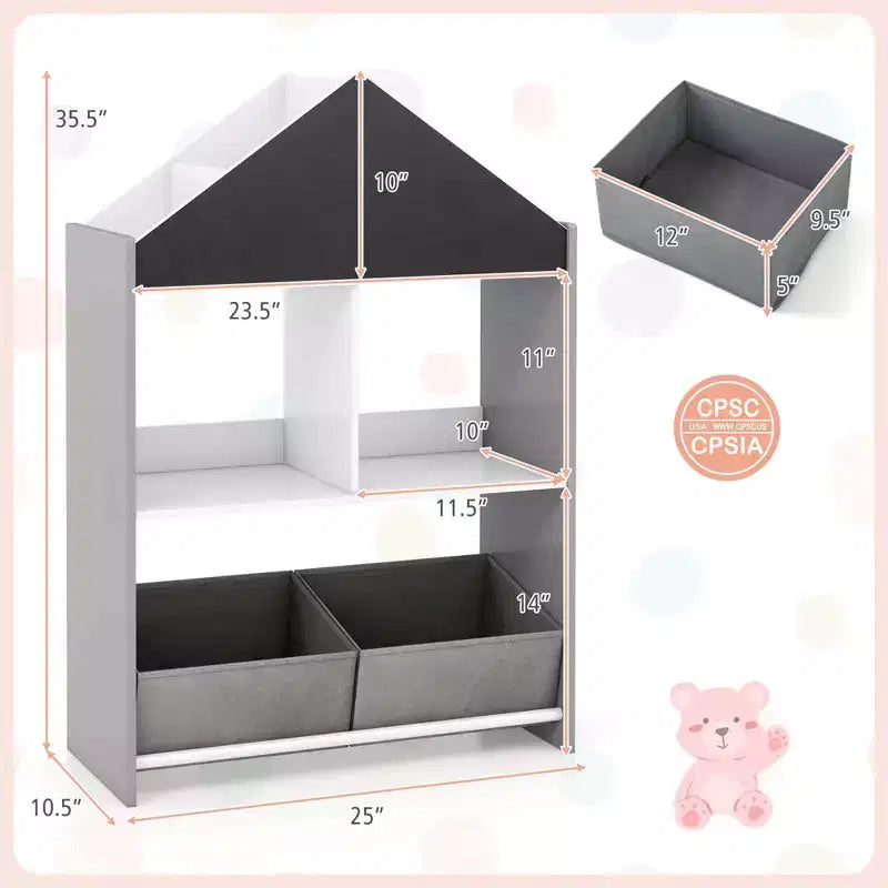 Étagère-bibliothèque maison de poupée pour enfants avec tableau noir/blanc inscriptible, 4 compartiments supérieurs, Gris/Rose