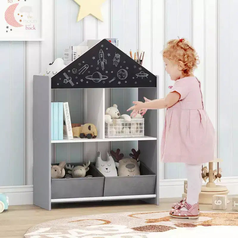 Étagère-bibliothèque maison de poupée pour enfants avec tableau noir/blanc inscriptible, 4 compartiments supérieurs, Gris/Rose