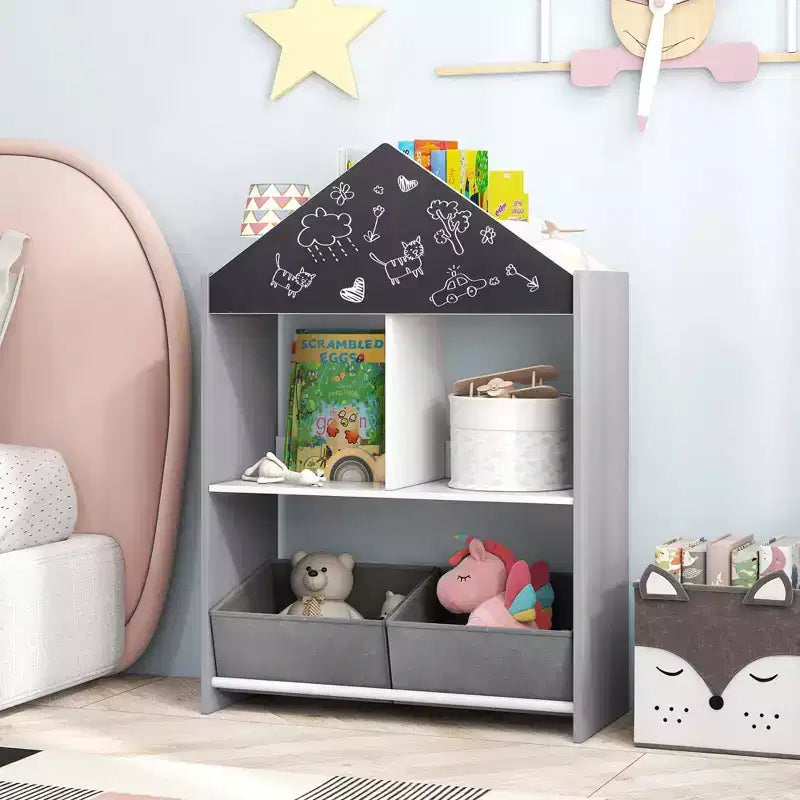 Étagère-bibliothèque maison de poupée pour enfants avec tableau noir/blanc inscriptible, 4 compartiments supérieurs, Gris/Rose