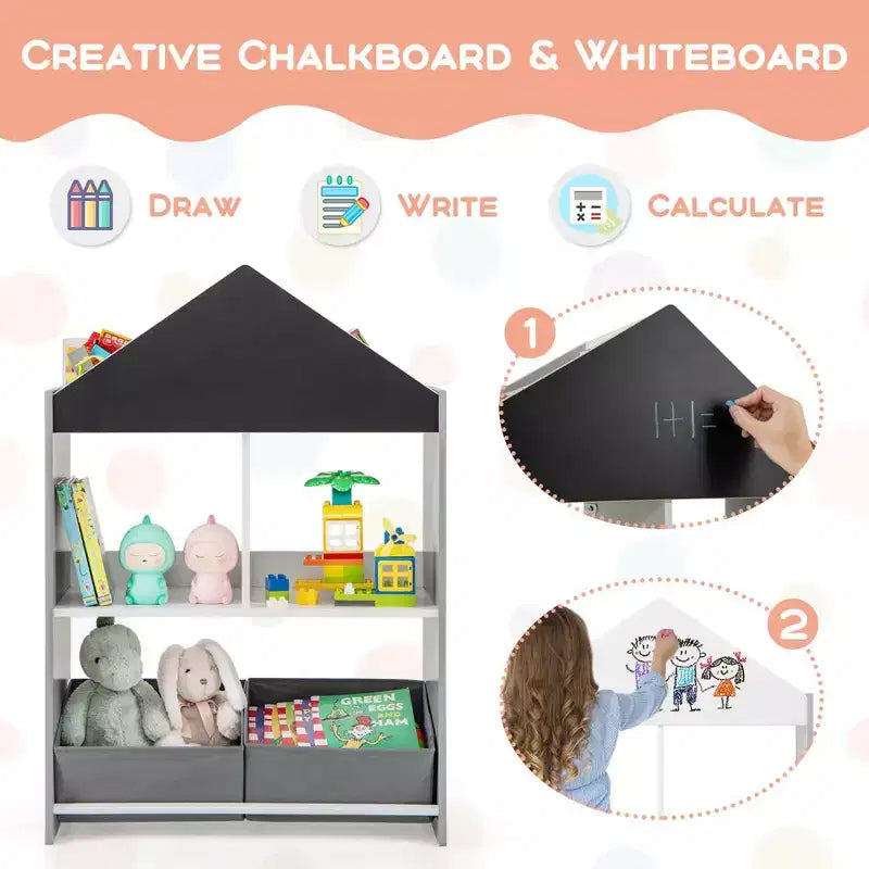 Étagère-bibliothèque maison de poupée pour enfants avec tableau noir/blanc inscriptible, 4 compartiments supérieurs, Gris/Rose