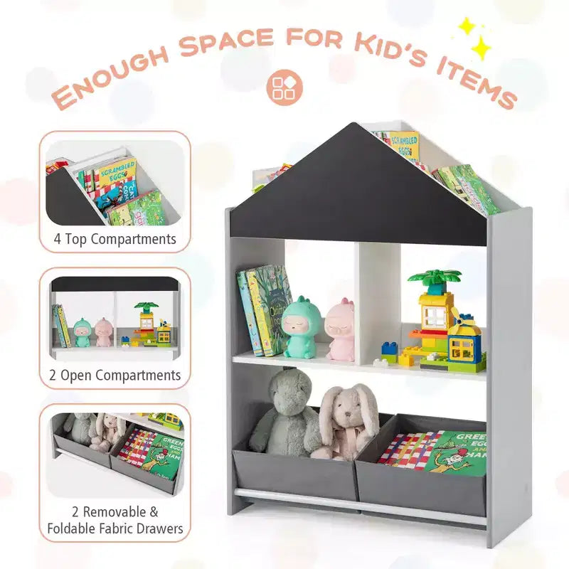 Étagère-bibliothèque maison de poupée pour enfants avec tableau noir/blanc inscriptible, 4 compartiments supérieurs, Gris/Rose