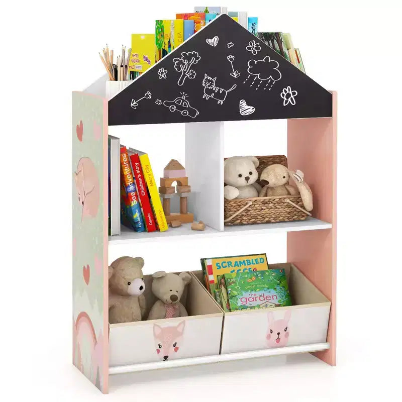 Étagère-bibliothèque maison de poupée pour enfants avec tableau noir/blanc inscriptible, 4 compartiments supérieurs, Gris/Rose