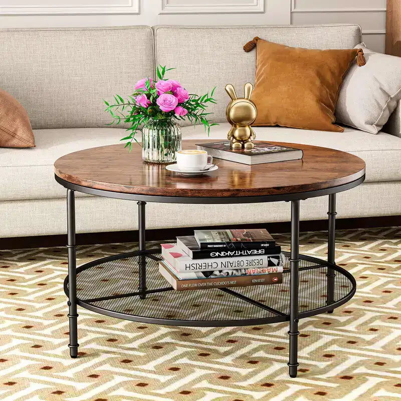 Table basse ronde à 2 niveaux de 90 cm avec étagère de rangement ouverte et cadre en métal Noyer foncé
