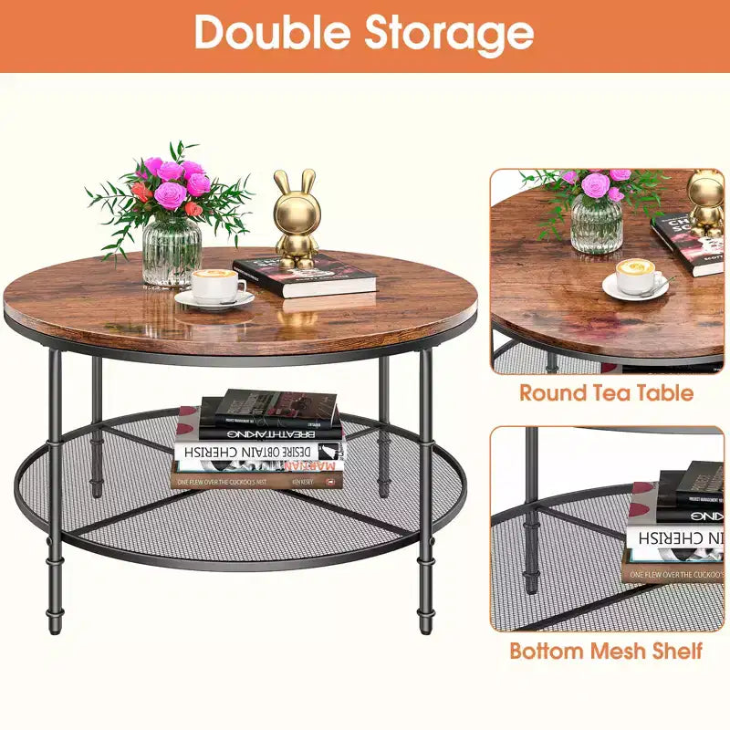 Table basse ronde à 2 niveaux de 90 cm avec étagère de rangement ouverte et cadre en métal Noyer foncé
