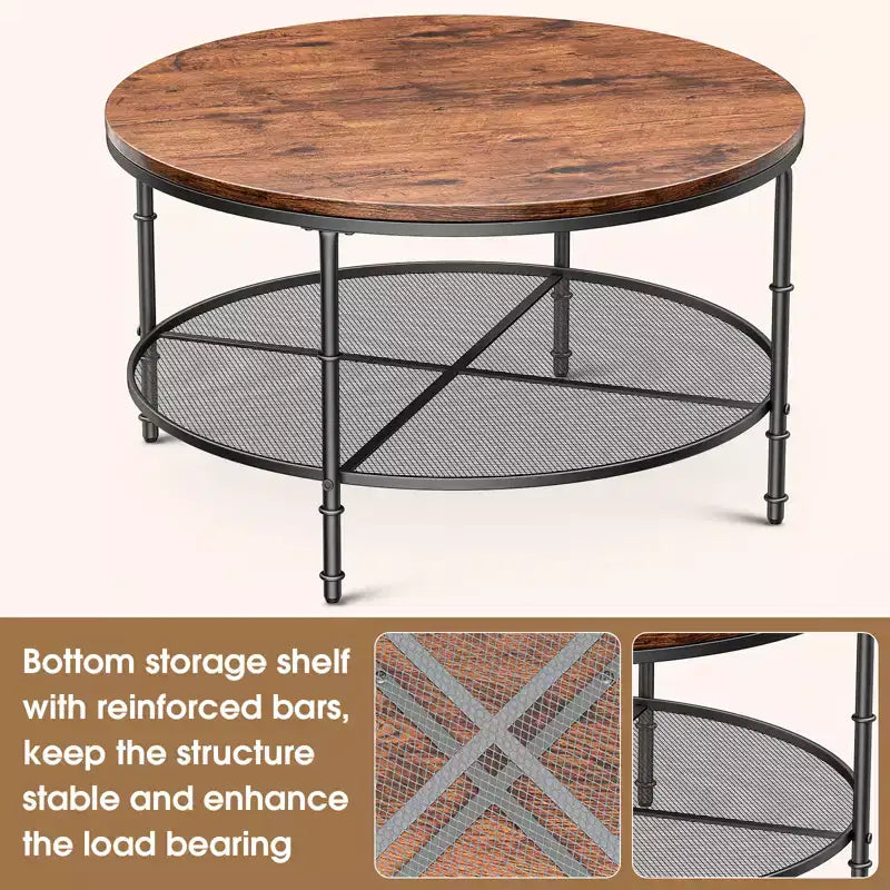 Table basse ronde à 2 niveaux de 90 cm avec étagère de rangement ouverte et cadre en métal Noyer foncé