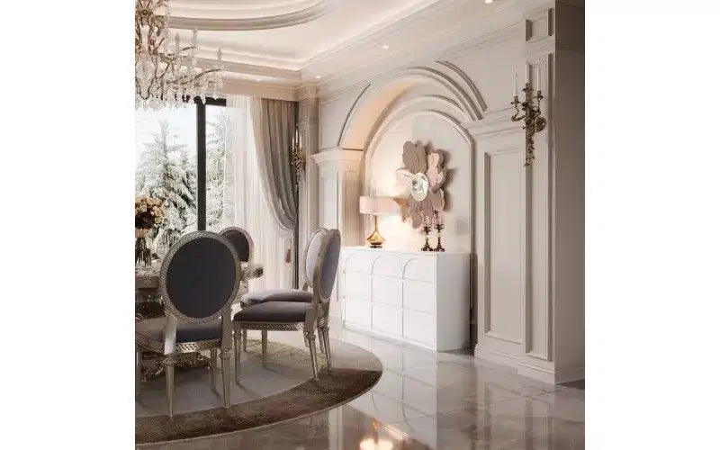 Commode-buffet de rangement blanche à 9 tiroirs, poignées dissimulées et motif en arc