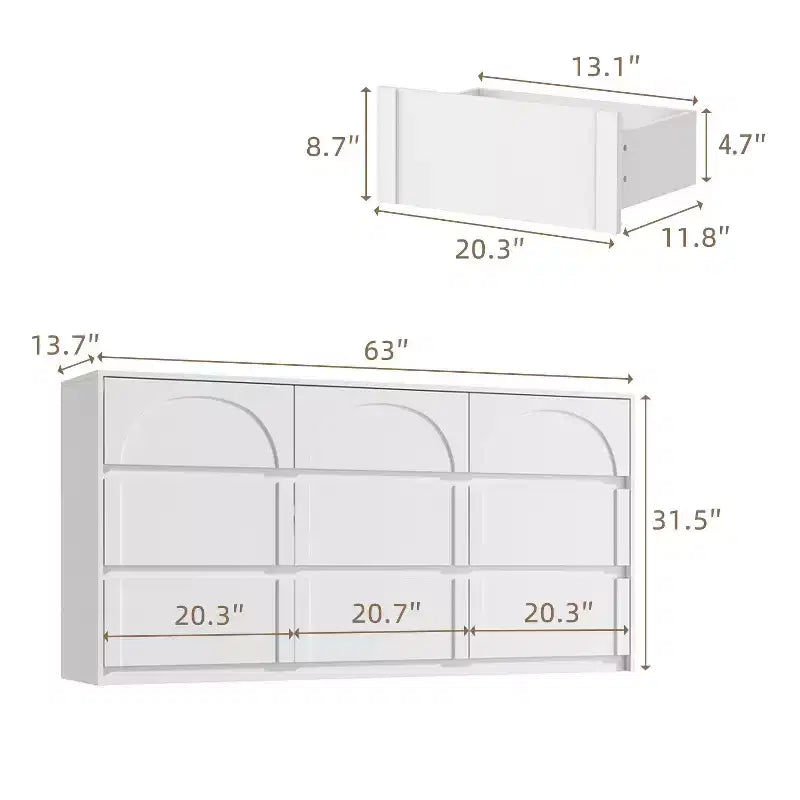 Commode-buffet de rangement blanche à 9 tiroirs, poignées dissimulées et motif en arc