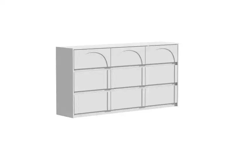 Commode-buffet de rangement blanche à 9 tiroirs, poignées dissimulées et motif en arc