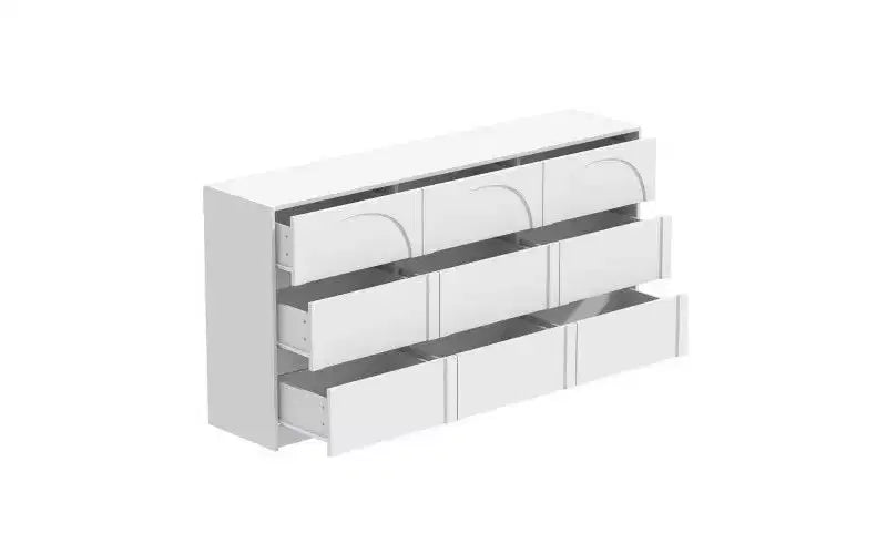Commode-buffet de rangement blanche à 9 tiroirs, poignées dissimulées et motif en arc