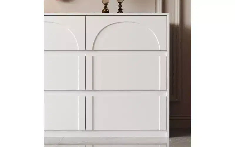 Commode-buffet de rangement blanche à 9 tiroirs, poignées dissimulées et motif en arc